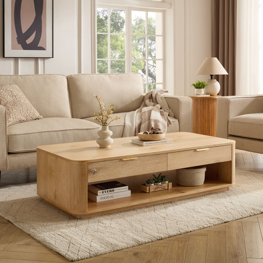 Aven Natural Curved Oak Coffee Table 55"