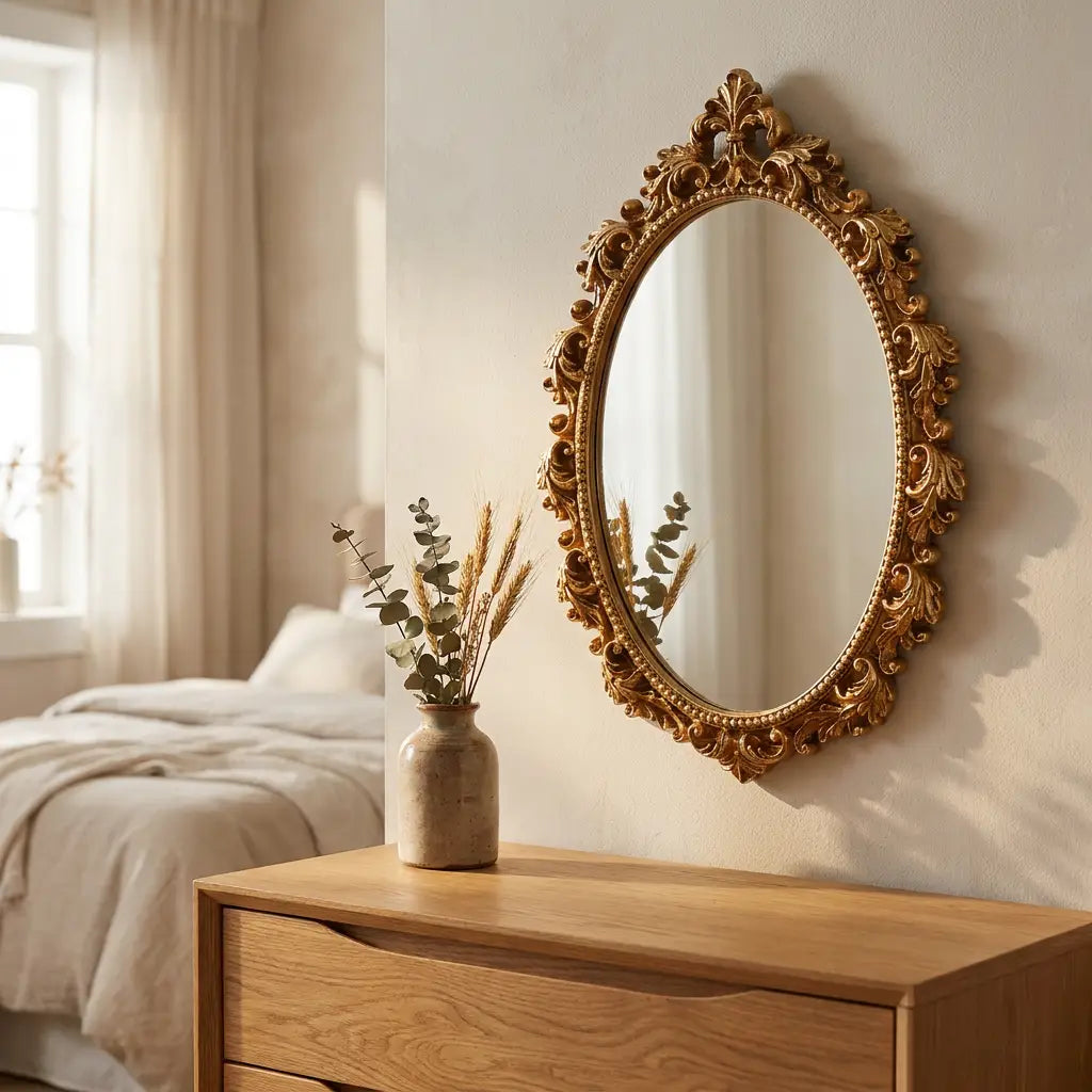 Vintage Gold Oval Wall Mirror | Decorative Resin Framed Hanging Vanity Mirror