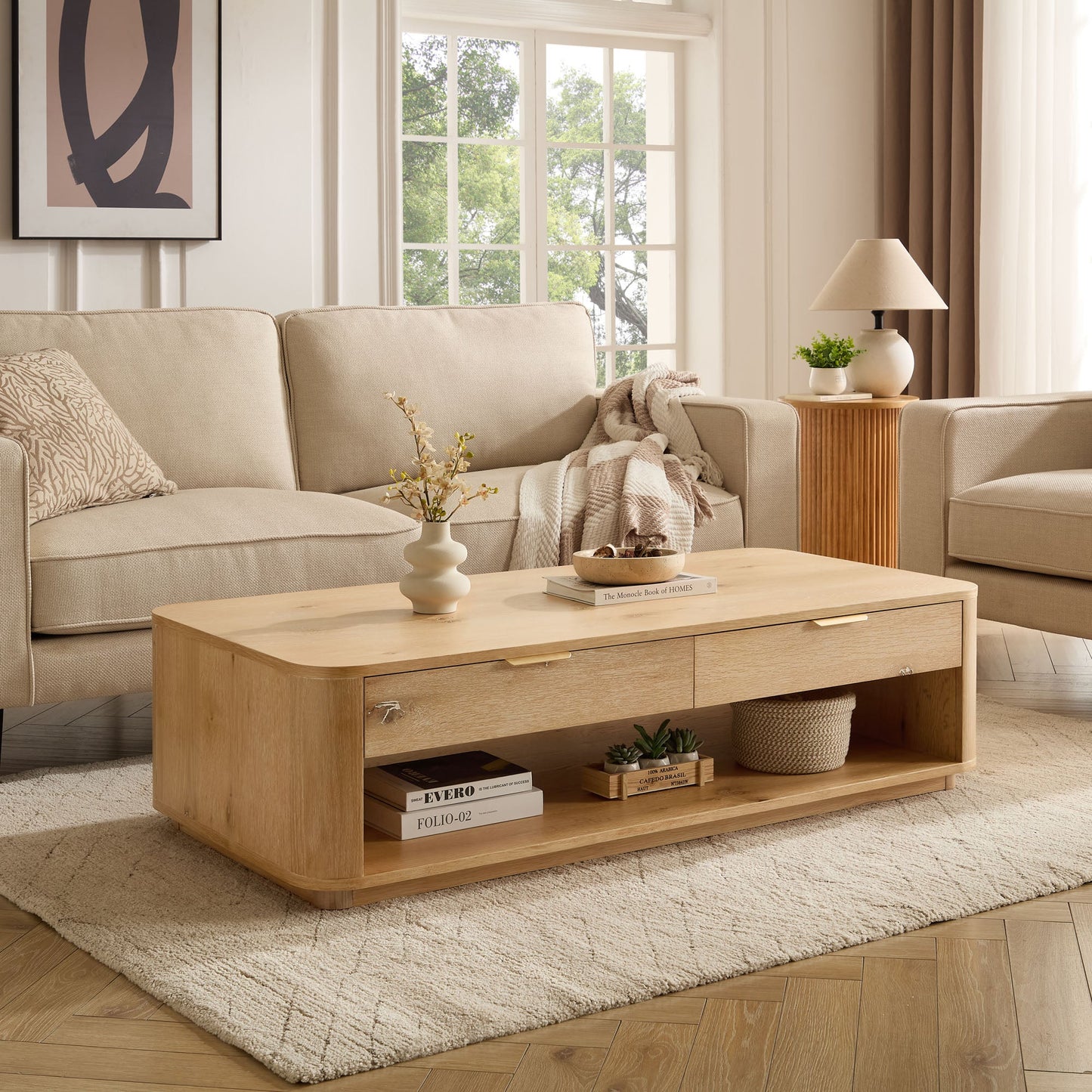Aven Natural Curved Oak Coffee Table 55"