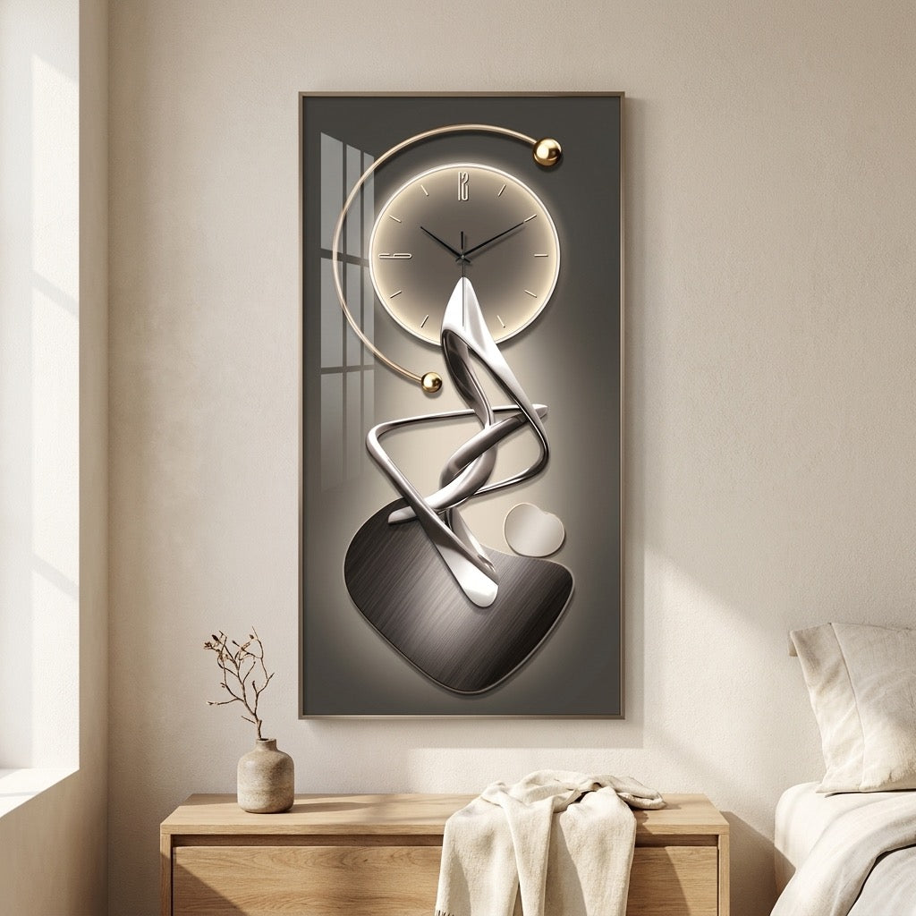 Modern Abstract Art Wall Clock | Silent Quartz Decorative Wall Clock with Gold & Chrome Design