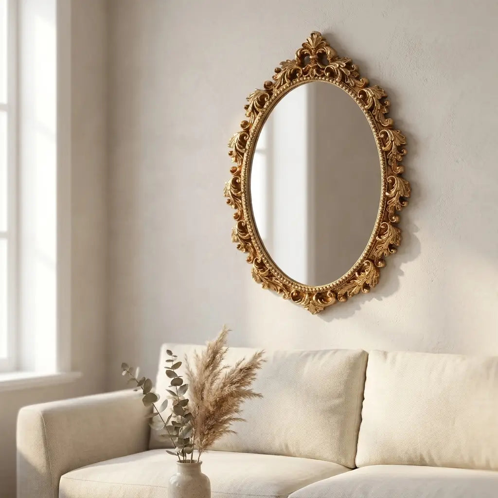 Vintage Gold Oval Wall Mirror | Decorative Resin Framed Hanging Vanity Mirror