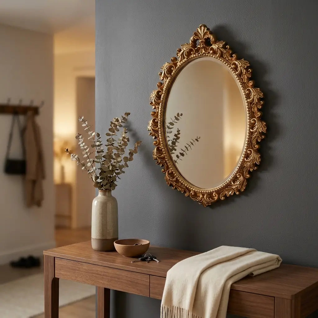 Vintage Gold Oval Wall Mirror | Decorative Resin Framed Hanging Vanity Mirror