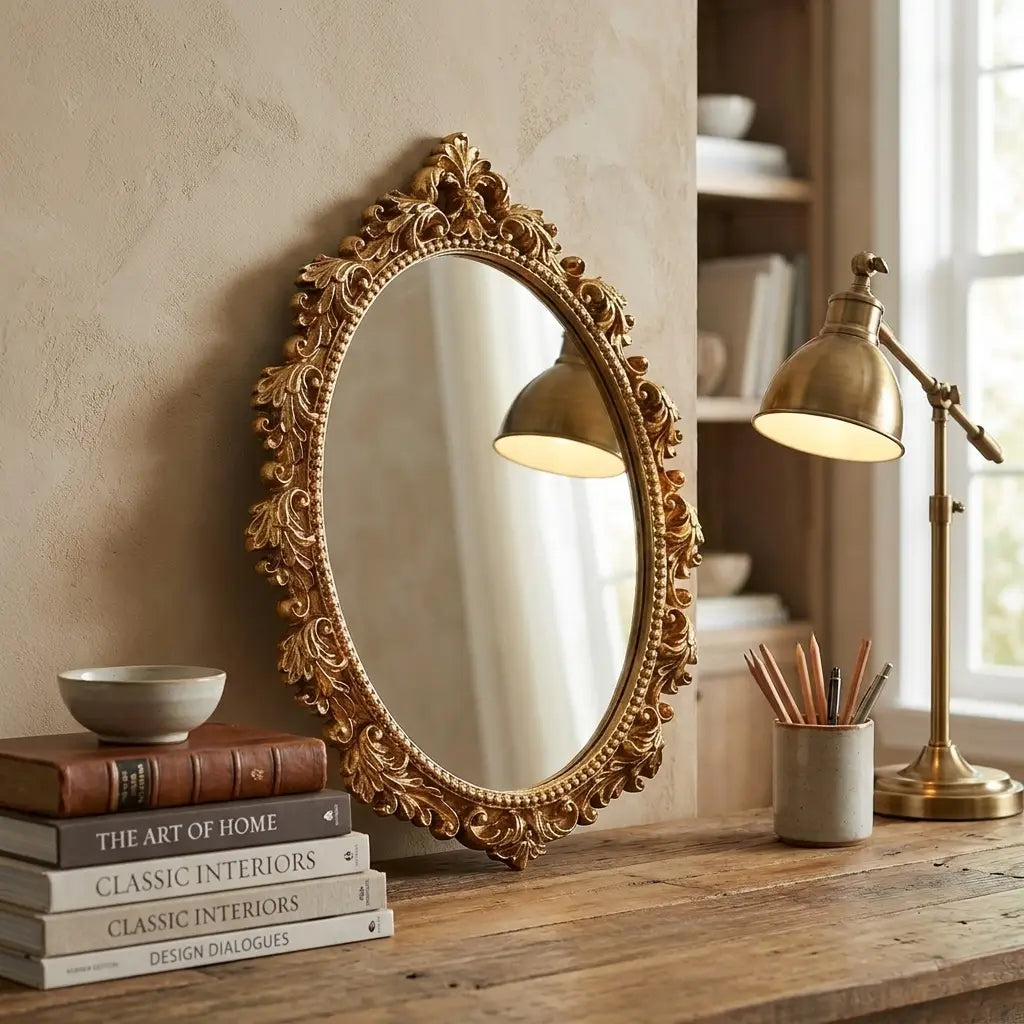 Vintage Gold Oval Wall Mirror | Decorative Resin Framed Hanging Vanity Mirror
