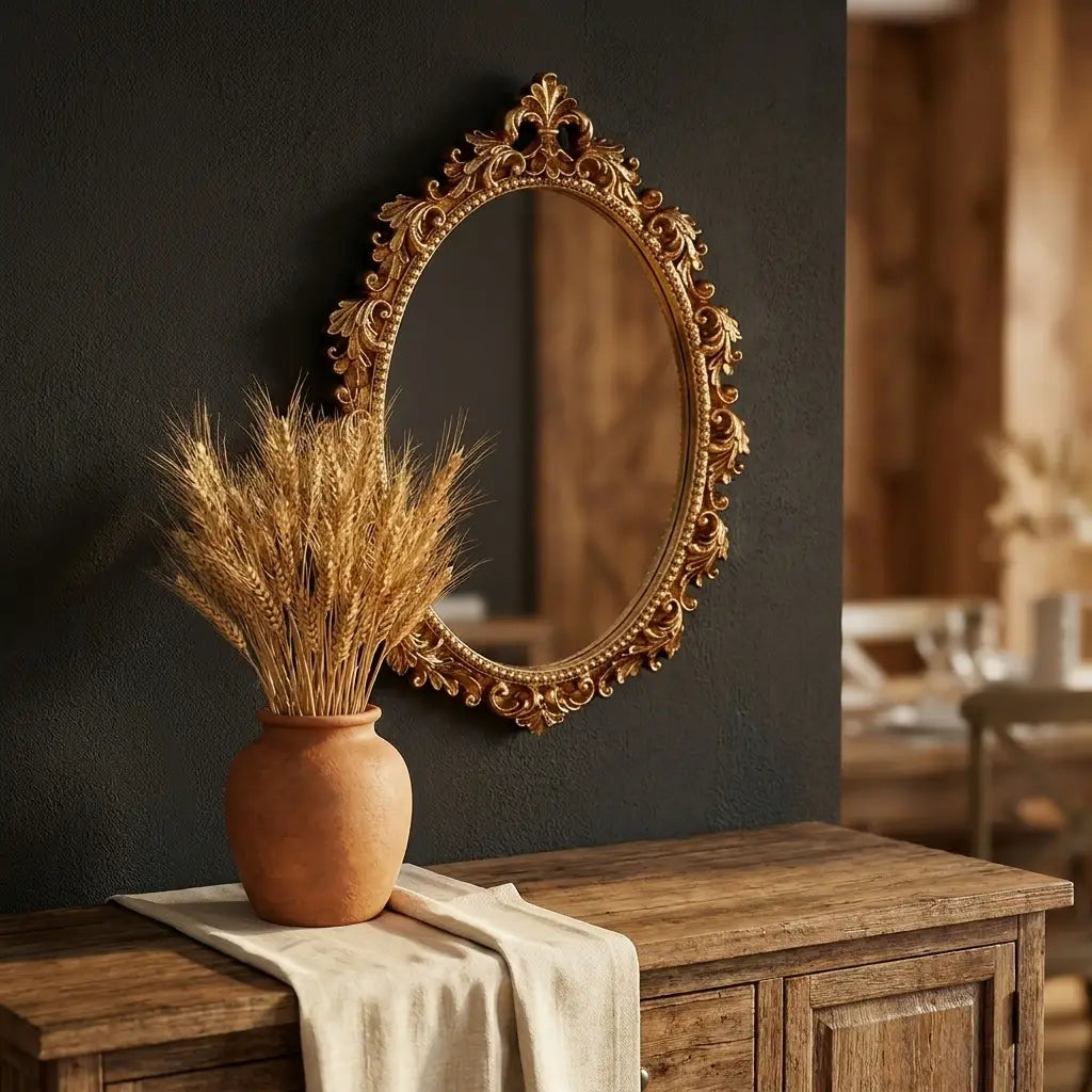 Vintage Gold Oval Wall Mirror | Decorative Resin Framed Hanging Vanity Mirror