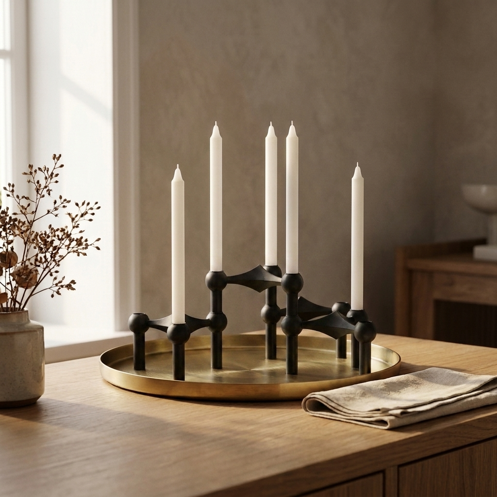 Geometric molecular-structure candelabra holding slim candles on a styled console