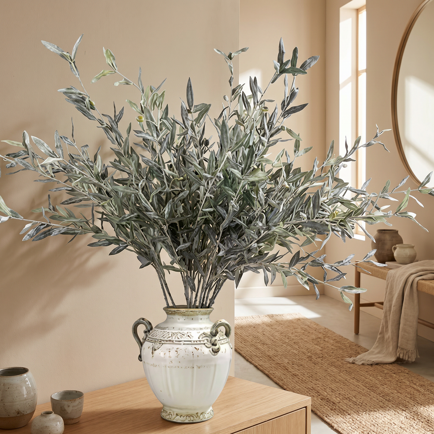 Faux Olive Branch Stem with Realistic Matte Green Leaves