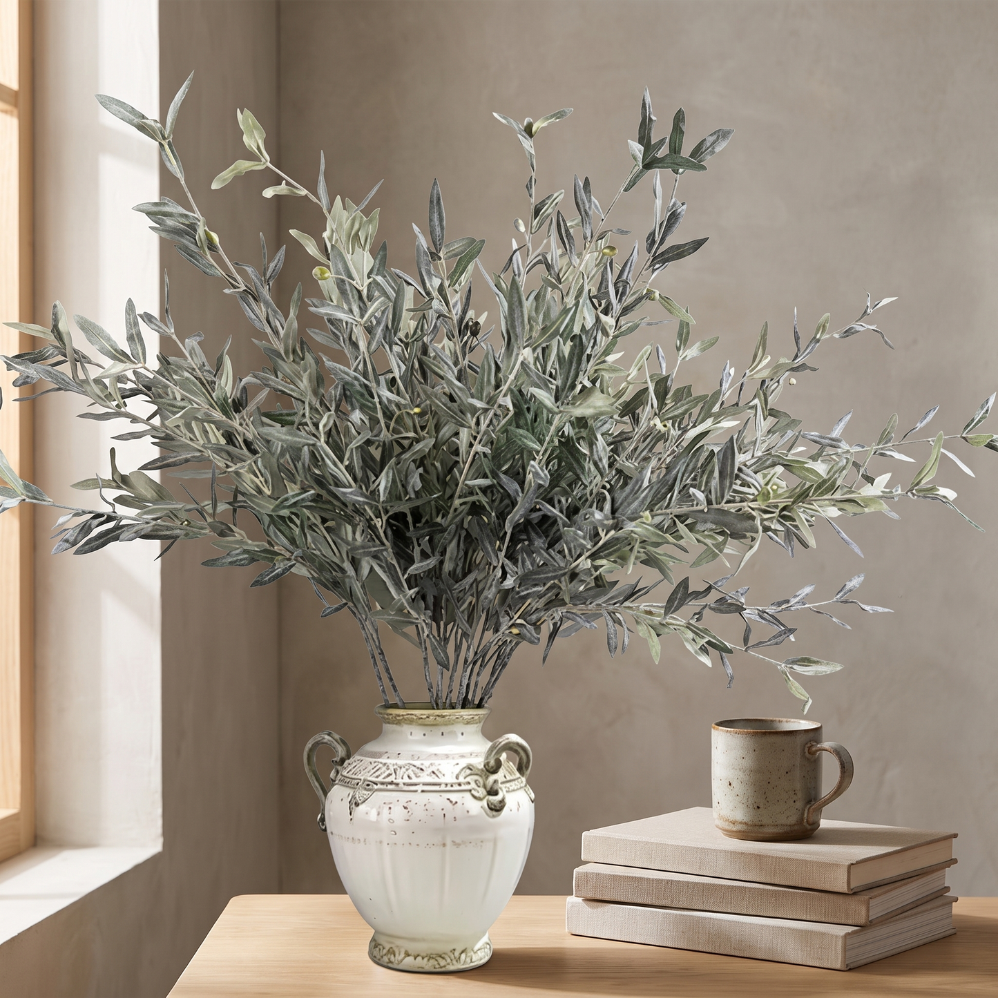 Faux Olive Branch Stem with Realistic Matte Green Leaves