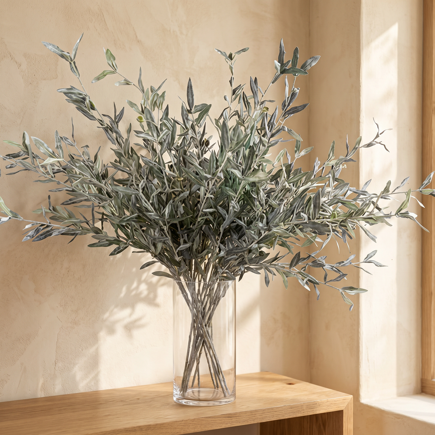 Faux Olive Branch Stem with Realistic Matte Green Leaves